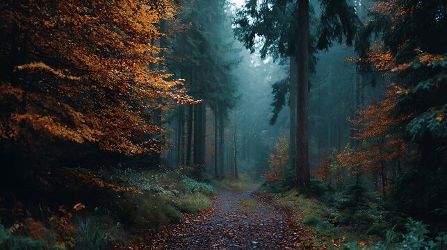 Eerie autumn forest with misty, vibrant foliage