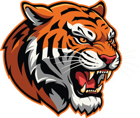 Fierce roaring tiger head illustration, wild animal mascot vector art, aggressive jungle predator face with sharp teeth, powerful wildlife emblem design, bold graphic for sports logo, branding
