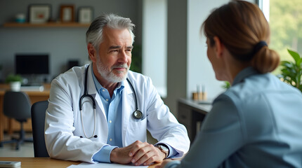 A senior male doctor in a white coat engages in a thoughtful conversation with a female patient in a modern office.