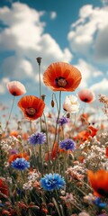 Obraz premium Vibrant wildflower field with red poppies and blue blossoms under a sunny sky