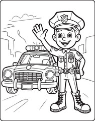 Police officer with uniform and doing duty at traffic signal vector outline coloring page for kids