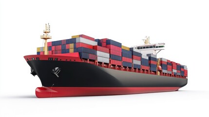Container ship with cargo, future of logistics, isolated on white background.