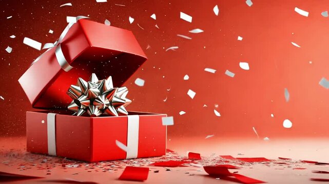 Exciting gift box explosion with flying confetti and falling red ribbons on vibrant red background