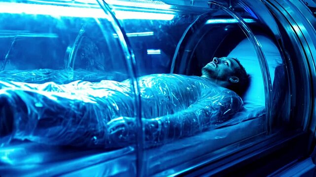 Man in cryogenic hibernation begins to wake up after a long interstellar journey. Zoom in.