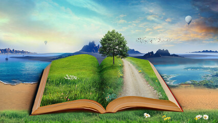 open book on a magical landscape