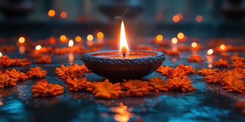 Glowing Oil Lamp Surrounded by Marigold Flowers for a Spiritual Celebration