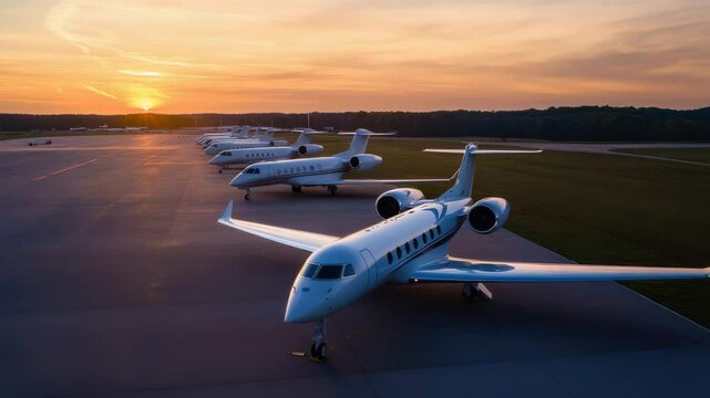 Several Parked Luxury Private Jets on the Tarmac during Sunset