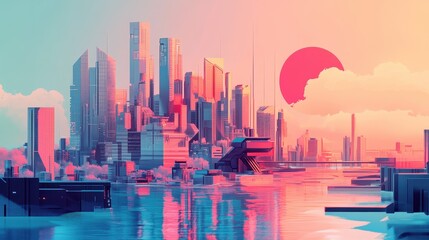 Obraz premium Progress in flat design side view futuristic city theme water color split-complementary color scheme. 