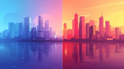 Fototapeta premium Progress in flat design side view futuristic city theme water color split-complementary color scheme. 