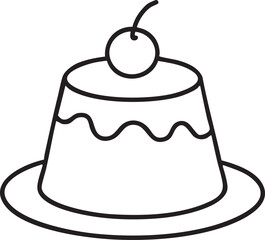 Minimalist Line Art of a Pudding Dessert with Cherry Topping on a Plate Outlined in Black