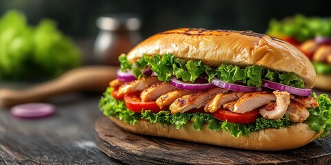 Juicy grilled chicken sandwich served on freshly baked bun with crisp vegetables and savory toppings
