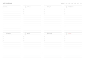 A weekly plan design template in a modern, simple, and minimalist style. Note, scheduler, diary, calendar, planner document template illustration.