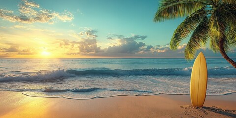 Sunset at tropical beach with surfboard and palm trees creating a tranquil atmosphere