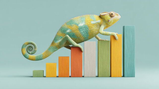 A chameleon climbing up a bar graph, symbolizing growth, adaptation, and strategy. It suggests flexibility and the ability to adapt to changing circumstances