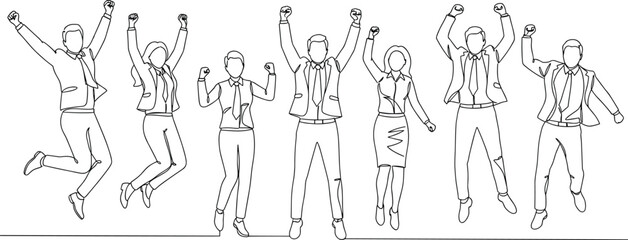 Happy business team, corporate success celebration, team achievement concept, professional group cheering, victory in workplace, energetic employees, office motivation, line art drawing, 