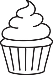 Simple Black and White Cupcake Outline Illustration with Swirled Frosting and Striped Cupcake Liner Design minimalist