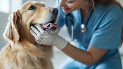 Vet examining a golden retriever's teeth, wearing gloves, in a bright medical setting
