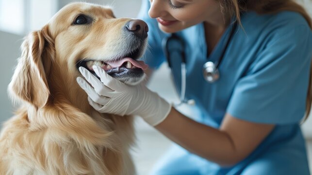 Vet examining a golden retriever's teeth, wearing gloves, in a bright medical setting