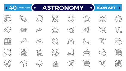 Astronomy icon of science observatory, satellite and rocket .space and planet outline Icons, thin line style. Contains such Icons as space, planet, alien, solar. Editable stroke outline icon.
