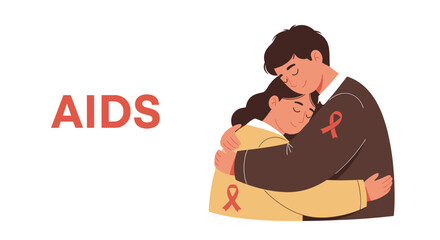 Obraz premium Illustration of Two People Embracing with AIDS Awareness Ribbons for Health Campaigns, Social Advocacy, Education Projects, and Community Support Initiatives