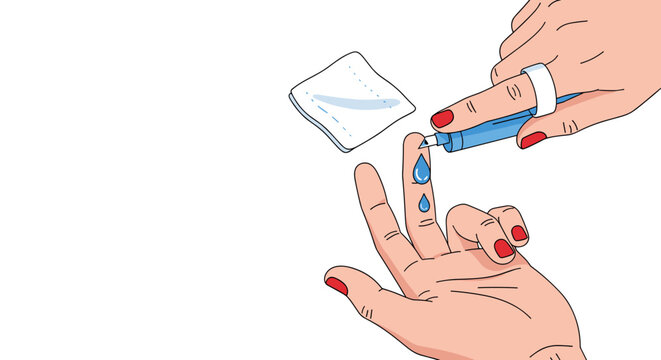 Finger Prick Test for Blood Glucose Monitoring on White Background for Health Awareness, Diabetes Education, Medical Articles, and Healthcare Campaigns