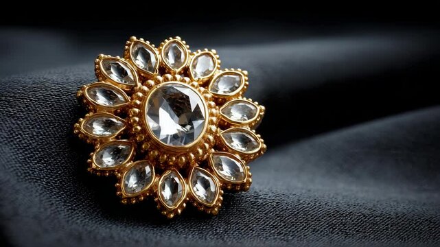 Elegant Gold and Crystal Jewelry Brooch on Dark Fabric Background
