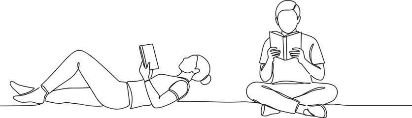 Man reading book, woman reading relaxed, couple in leisure, line art reading, minimal design, peaceful activity, continuous drawing, indoor relaxation, study concept, 