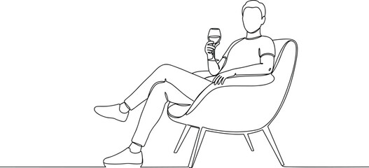 Man sitting in chair, drinking wine, minimalist line art, relaxation concept, modern illustration, leisure lifestyle design, single line sketch, luxury moment, elegant vector drawing