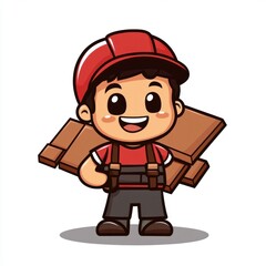 Obraz premium Cartoon delivery boy carrying wooden planks