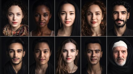 Portrait Collection of Diverse People with Neutral Expressions on Dark Background