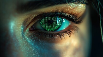 Young adult eye with digital interface reflection in close-up view