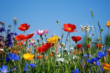 Fototapeta premium Many flowers in the field landscape outdoors nature.