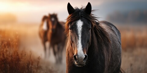 Obraz premium Majestic horses roam freely in a golden field during sunset with dramatic clouds overhead