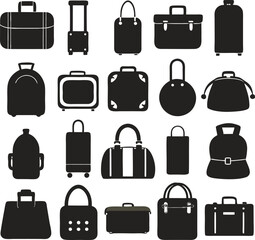 A collection of stylized travel bags and suitcases, featuring various designs and colors with wheels and handles, presented with a clean and graphic aesthetic.