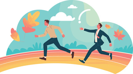 Competitive Business Race on a Track: Two Determined Men Running, One in Casual Attire and One in a Suit, Chasing Success and Reaching Goals in a Dynamic Autumn Scene