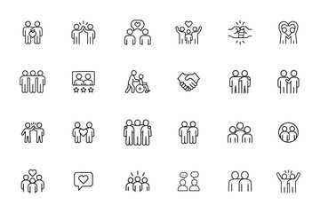 Friendship and relationship line icon set, vector collection of symbols for teamwork, community, people group, support, and communication