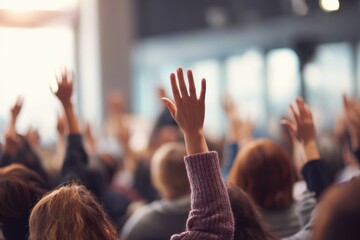 Audience participation at educational event with enthusiastic attendees raising hands during discussion in conference hall setting