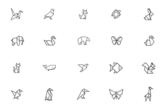 Origami animal icon set, geometric polygonal line art collection of wild animals, minimalist vector for creative design