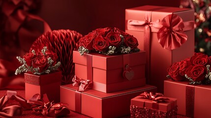 Valentines day background with red roses and gift box.
