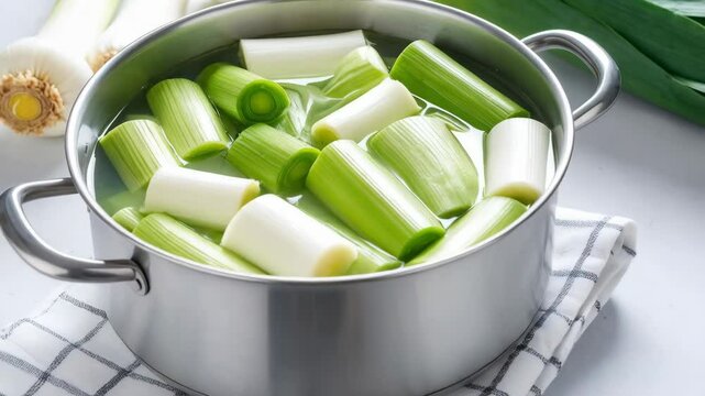 Freshly cut leeks submerged in water inside a stainless steel pot, preparing for a culinary recipe with clean eating and healthy vegetables.