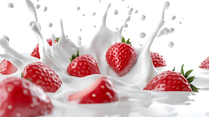 Fresh strawberries splashing in creamy pink milk, vibrant and delicious.