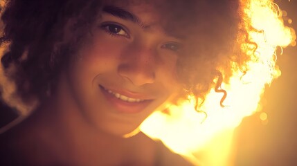 Fototapeta premium Warm Golden Light Portrait Young Person Curly Hair