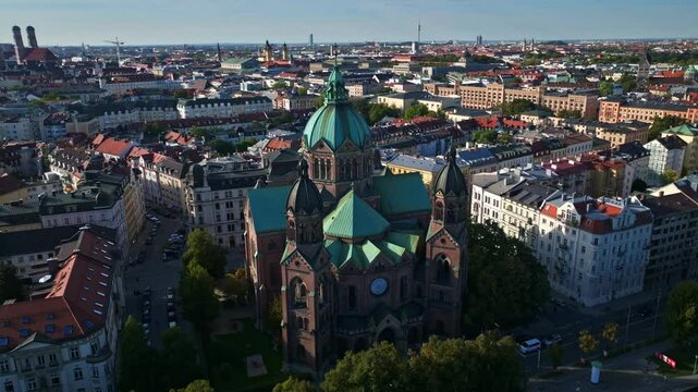 Aerial view of St. Lukas Church, the largest Protestant church in Munich