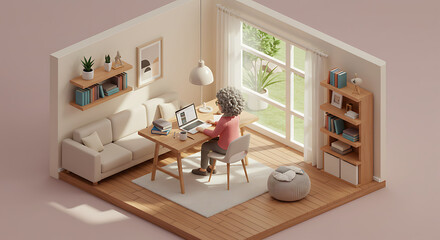 Cozy Home Office Setup 3D Render of Woman Working Remotely