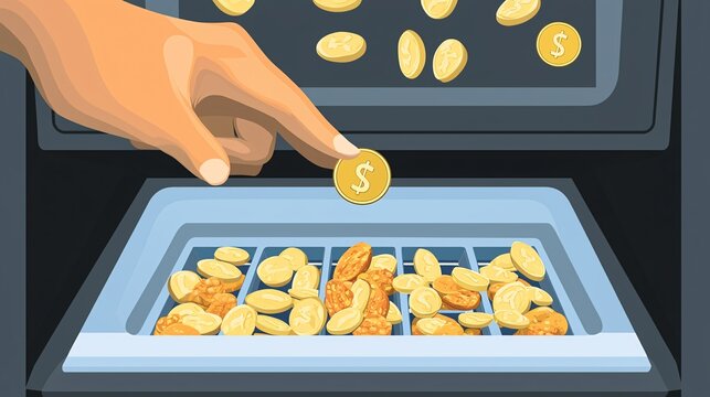 placing a coin into a vending machine slot with snacks inside, illustrating consumer spending choices [Coin]:[Hand].Financial management hand vending machine coin snack purchase illustration 