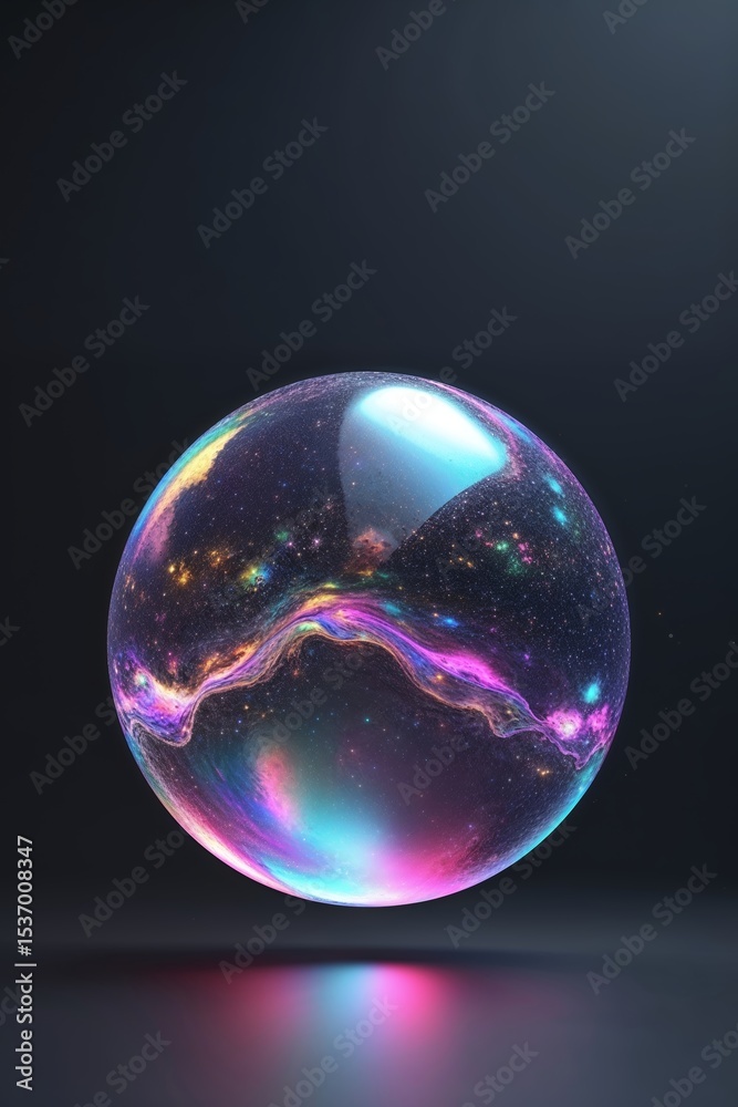 Poster colorful cosmic bubble floating in a dark space background with vibrant colors and reflections highl