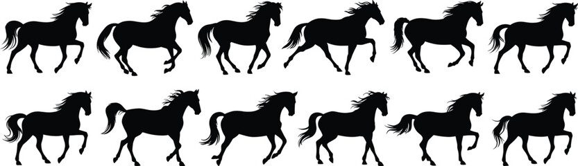 Dynamic Collection of Galloping Horse Silhouettes: Capturing Various Poses and Movements of Majestic Equine Figures in a Bold Black and White Design for Animal and Western Themes