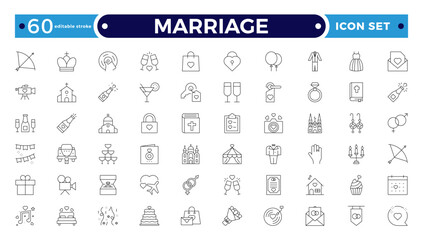 Marriage Outline Icon Set – Wedding, Love and Celebration Line Symbols. Bride, groom, lovers, wedding rings, wedding car, cake. Editable stroke outline icon.
