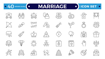 Marriage Outline Icon Set – Wedding, Love and Celebration Line Symbols. Bride, groom, lovers, wedding rings, wedding car, cake. Editable stroke outline icon.
