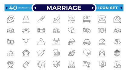Marriage Outline Icon Set – Wedding, Love and Celebration Line Symbols. Bride, groom, lovers, wedding rings, wedding car, cake. Editable stroke outline icon.
